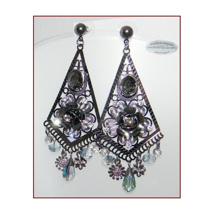 NSA|Filigree smoky brass earrings with AB crystal and long rhinestones