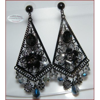 NSA|Filigree smoky brass earrings with AB crystal and long rhinestones