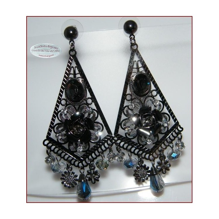 NSA|Orecchini Ottone fumè filigranati con cristallo AB e strass lunghi