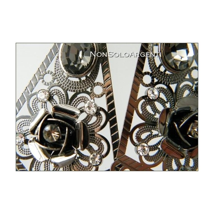 NSA|Filigree smoky brass earrings with AB crystal and long rhinestones