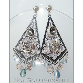 NSA|Filigree smoky brass earrings with AB crystal and long rhinestones