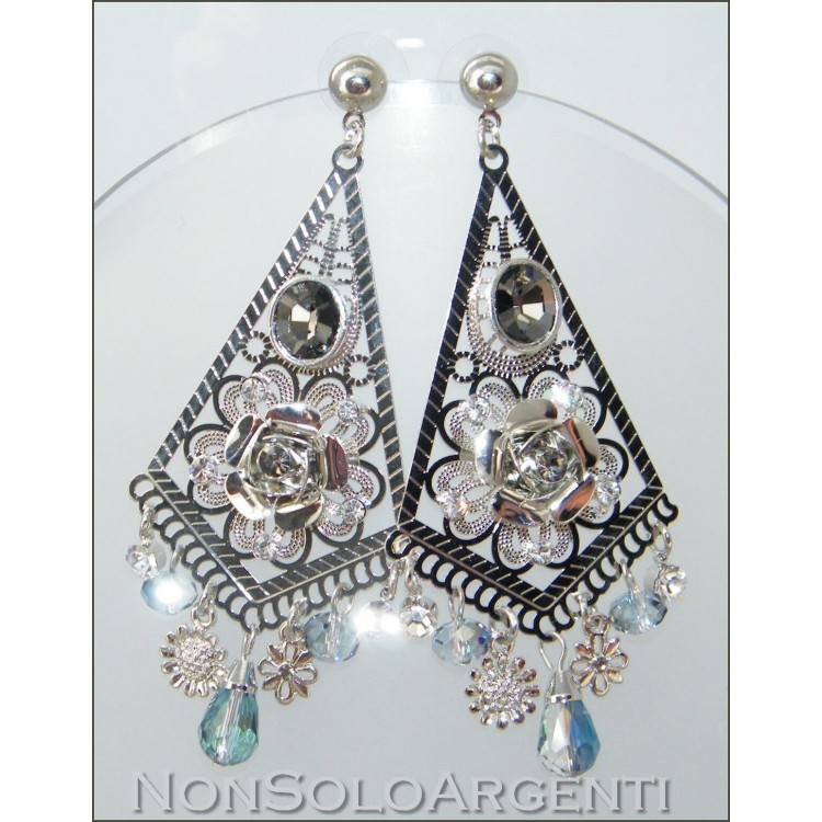 NSA|Filigree smoky brass earrings with AB crystal and long rhinestones