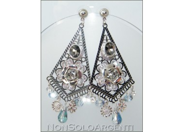 NSA|Filigree smoky brass earrings with AB crystal and long rhinestones