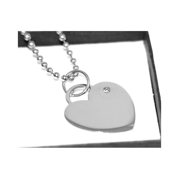 NSA|Acciaio  inossidabile : Lunga collana palline donna ciondolo targa cuore brillantino