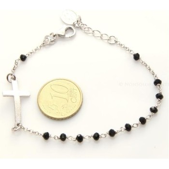 NSA|Bracciale rosario uomo in Argento 925 con immagine madonnina , croce convessa satinata e cristallo nero . Mis 18-20
