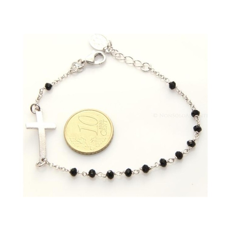 NSA|Bracciale rosario uomo in Argento 925 con immagine madonnina , croce convessa satinata e cristallo nero . Mis 18-20
