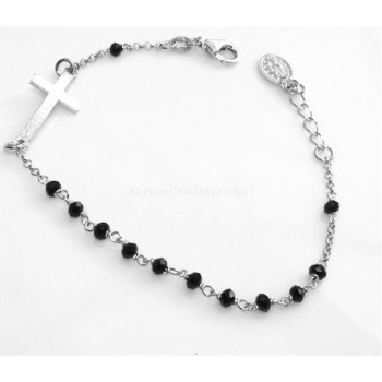NSA|Bracciale rosario uomo in Argento 925 con immagine madonnina , croce convessa satinata e cristallo nero . Mis 18-20