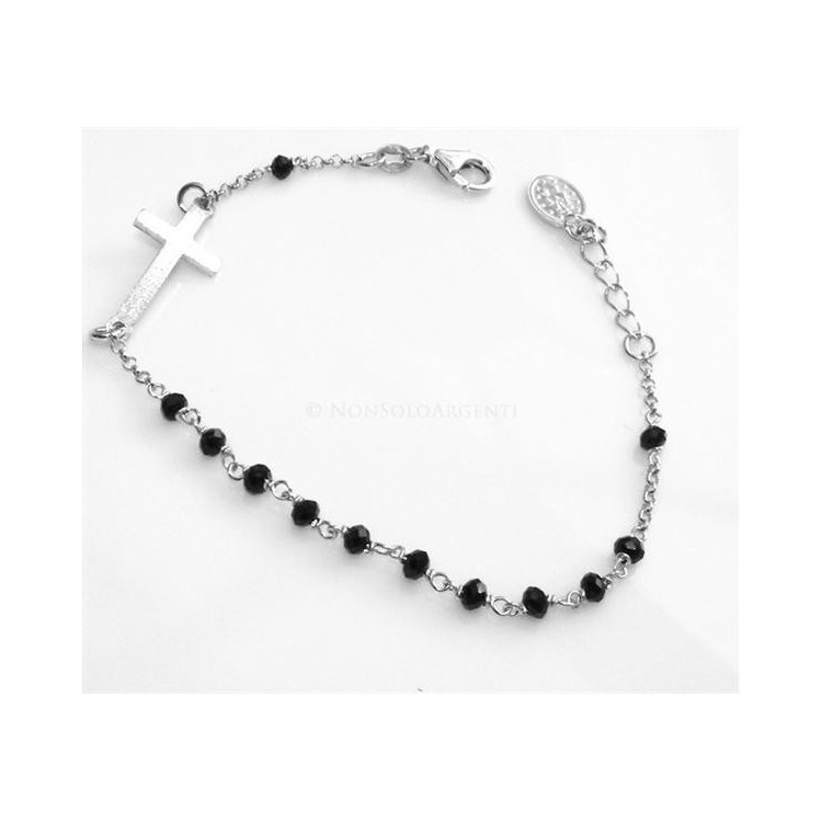 NSA|Bracciale rosario uomo in Argento 925 con immagine madonnina , croce convessa satinata e cristallo nero . Mis 18-20
