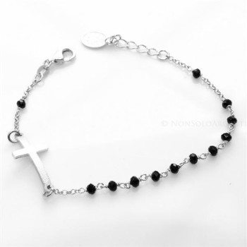 NSA|Bracciale rosario uomo in Argento 925 con immagine madonnina , croce convessa satinata e cristallo nero . Mis 18-20