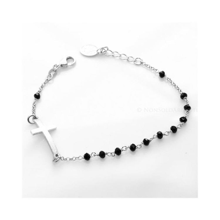 NSA|Bracciale rosario uomo in Argento 925 con immagine madonnina , croce convessa satinata e cristallo nero . Mis 18-20
