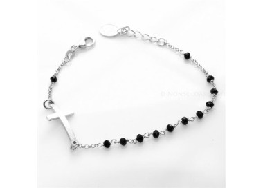 NSA|Bracciale rosario uomo in Argento 925 con immagine madonnina , croce convessa satinata e cristallo nero . Mis 18-20