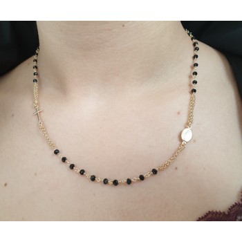 NSA|necklace rosary in 925 silver plated yellow gold with black crystal choker
