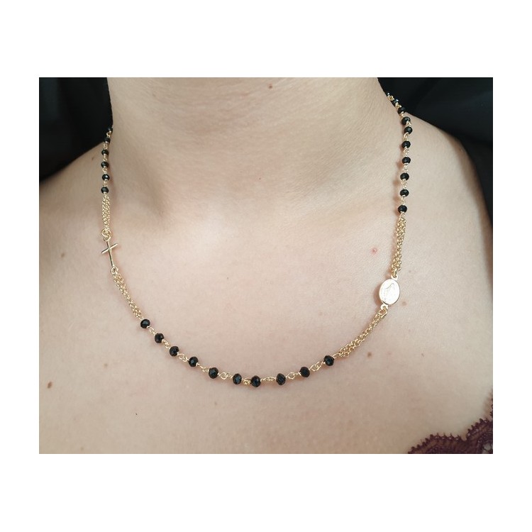 NSA|necklace rosary in 925 silver plated yellow gold with black crystal choker