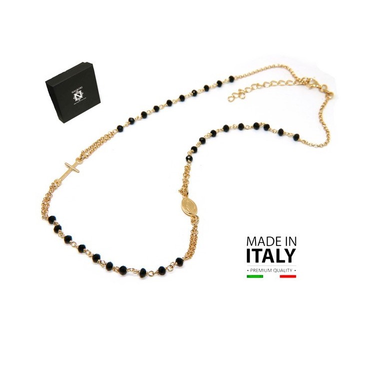 NSA|rosario argento 925 bagno oro giallo girocollo con cristallo nero  NALBORI