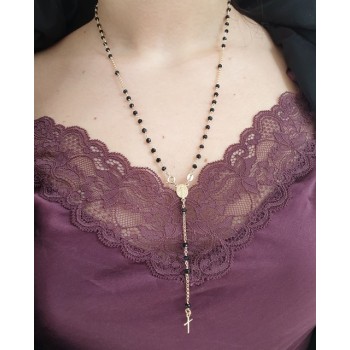 NSA|necklace 925 silver yellow gold plated Y rosary black crystal