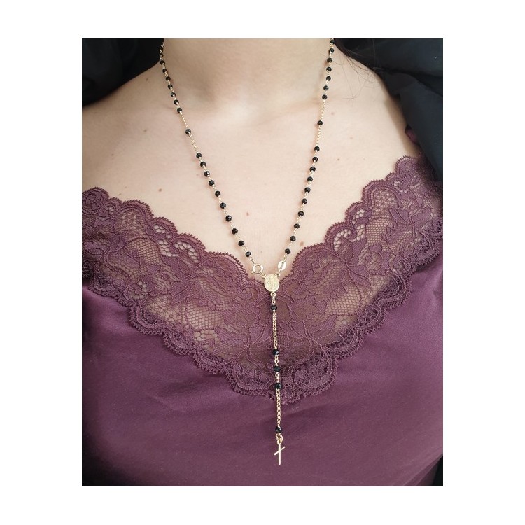 NSA|necklace 925 silver yellow gold plated Y rosary black crystal