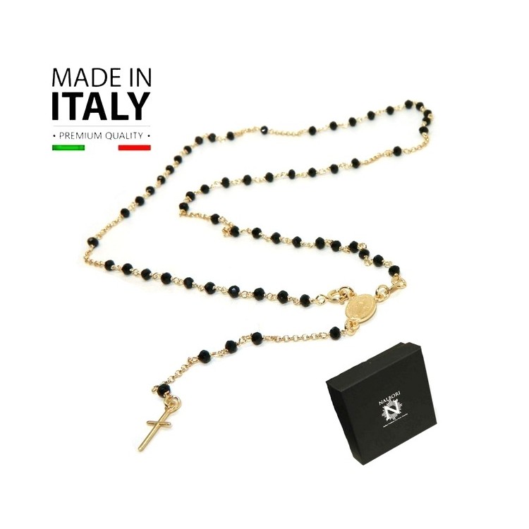 NSA|necklace 925 silver yellow gold plated Y rosary black crystal