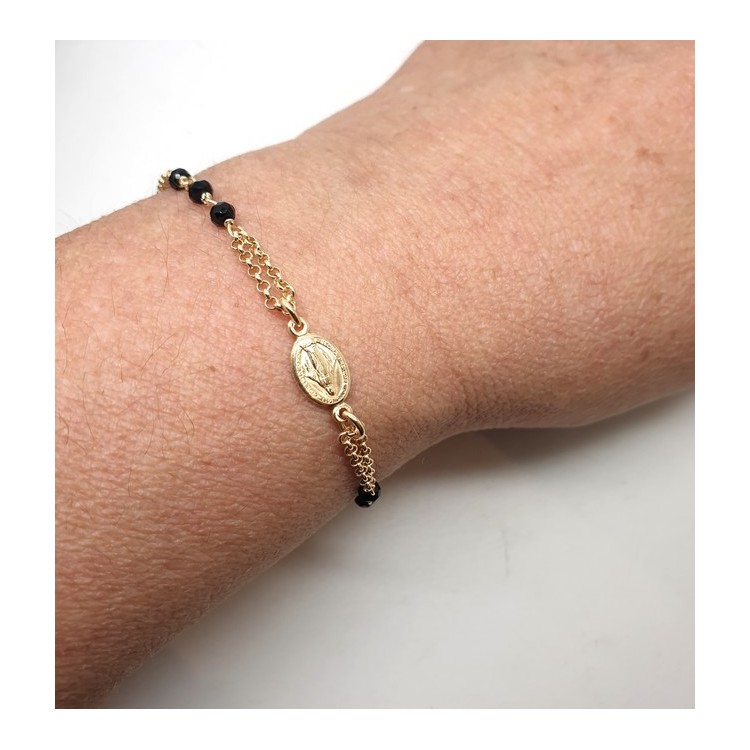 NSA|NALBORI Bracciale rosario in Argento 925 bagno oro giallo cristallo nero