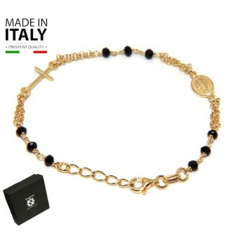 NSA|NALBORI Bracciale rosario in Argento 925 bagno oro giallo 18kt per uomo e donna con cristallo nero
