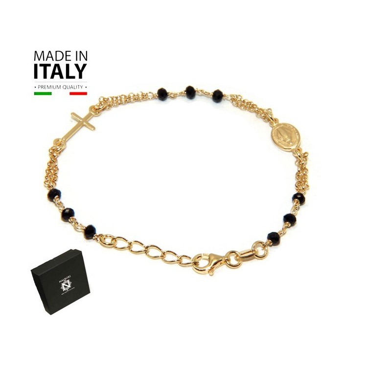 NSA|NALBORI Bracciale rosario in Argento 925 bagno oro giallo 18kt per uomo e donna con cristallo nero