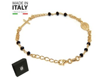 NSA|NALBORI Bracciale rosario in Argento 925 bagno oro giallo 18kt per uomo e donna con cristallo nero