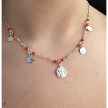 NSA|NALBORI Necklace 925 silver coins red crystal coins