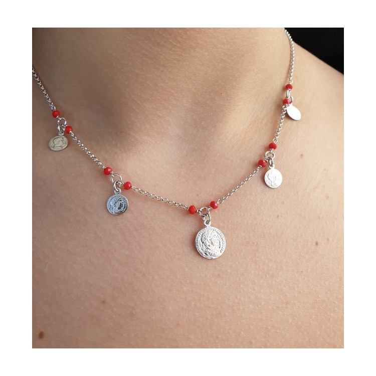 NSA|NALBORI Collana donna argento 925 monetine cristallo rosso monete