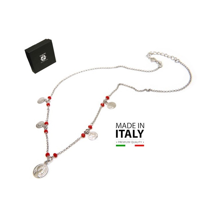 NSA|NALBORI Collana donna argento 925 monetine cristallo rosso monete
