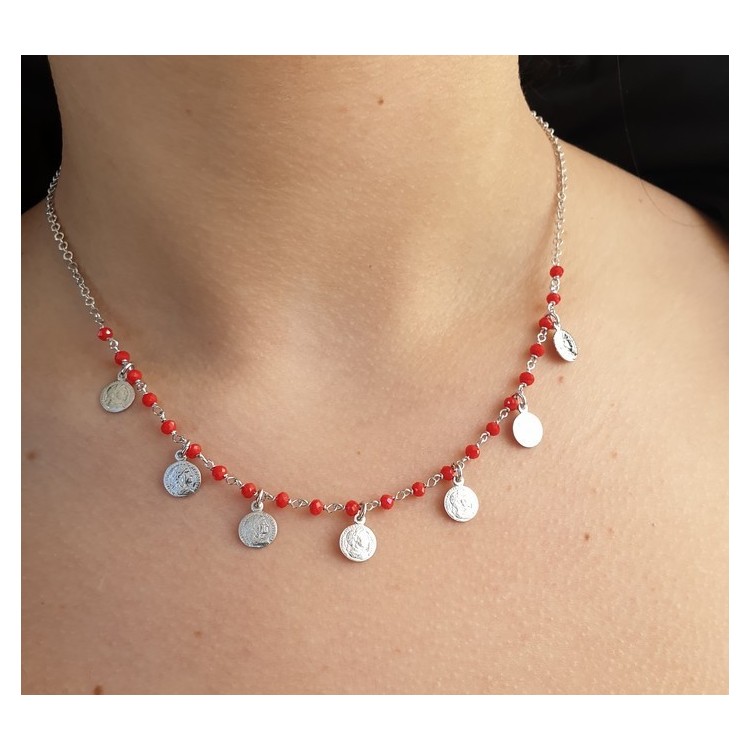 NSA|NALBORI Necklace 925 silver coins red crystal Marseille
