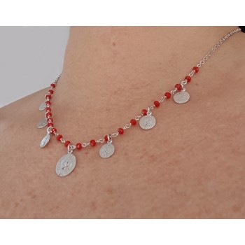 NSA|NALBORI Collana donna argento 925 moneta cristallo rosso e monetine