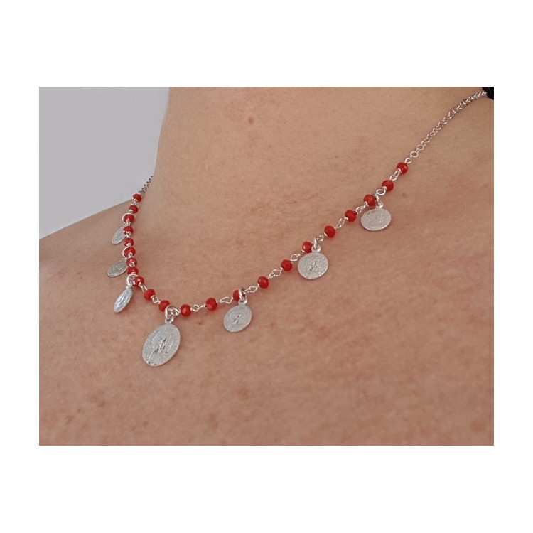 NSA|NALBORI Collana donna argento 925 moneta cristallo rosso e monetine