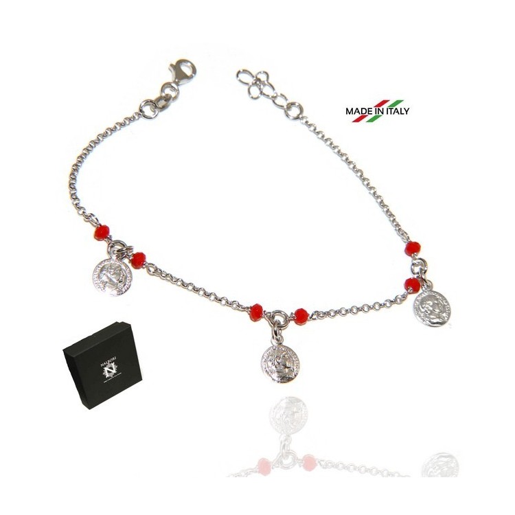 NSA|NALBORI Bracciale Argento 925 cristallo rosso con ciondoli monete