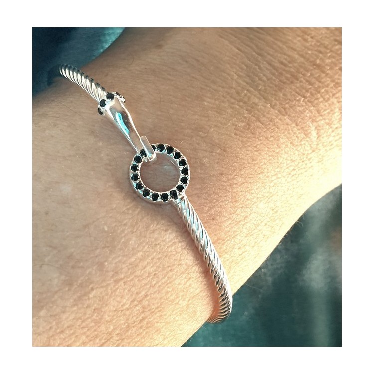 NSA|NALBORI Cable bracelet round hook with black zircons in 925 silver