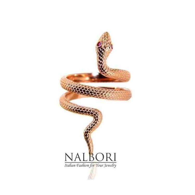 NSA|NALBORI anello serpente argento 925 placcato oro rosa zircone rosso