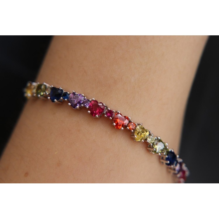 NSA|NALBORI Tennis bracelet hearts zircons in 925 silver rainbow