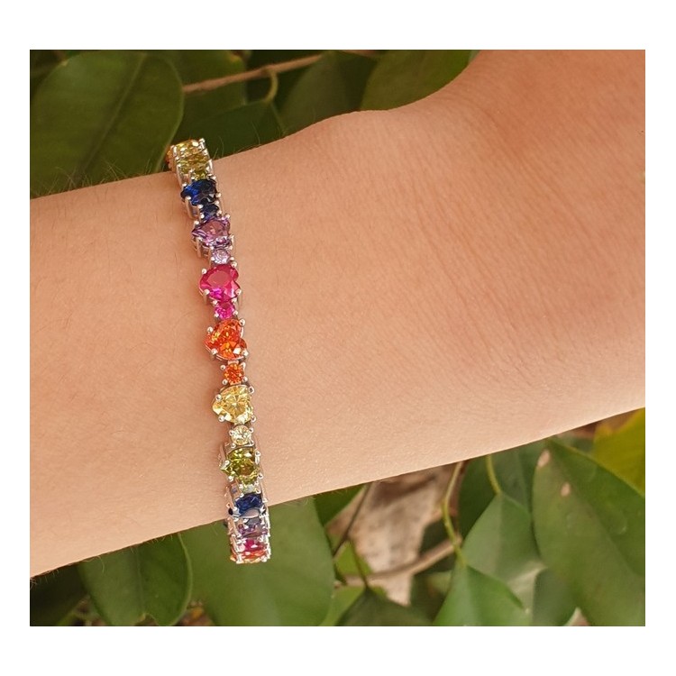 NSA|NALBORI Tennis bracelet hearts zircons in 925 silver rainbow