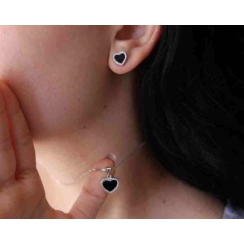 NSA|NALBORI orecchini e collana con ciondolo cuore in argento 925 onice e