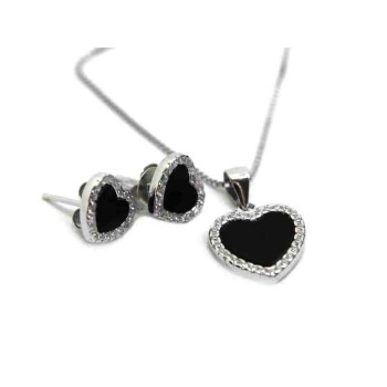 NSA|NALBORI complete 925 silver necklace earrings heart onyx zircons