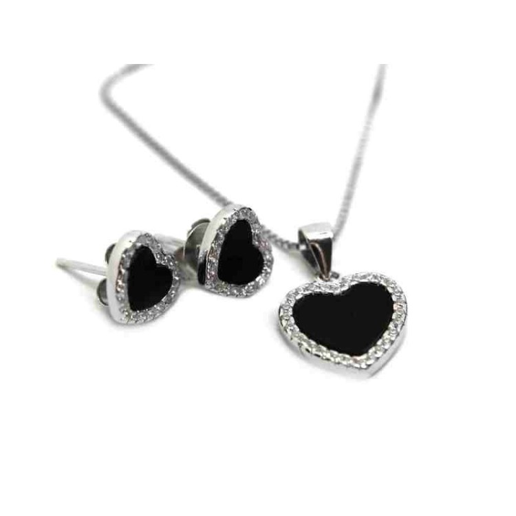 NSA|NALBORI complete 925 silver necklace earrings heart onyx zircons