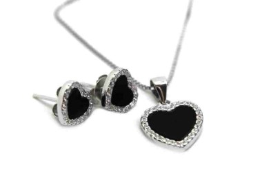 NSA|NALBORI complete 925 silver necklace earrings heart onyx zircons