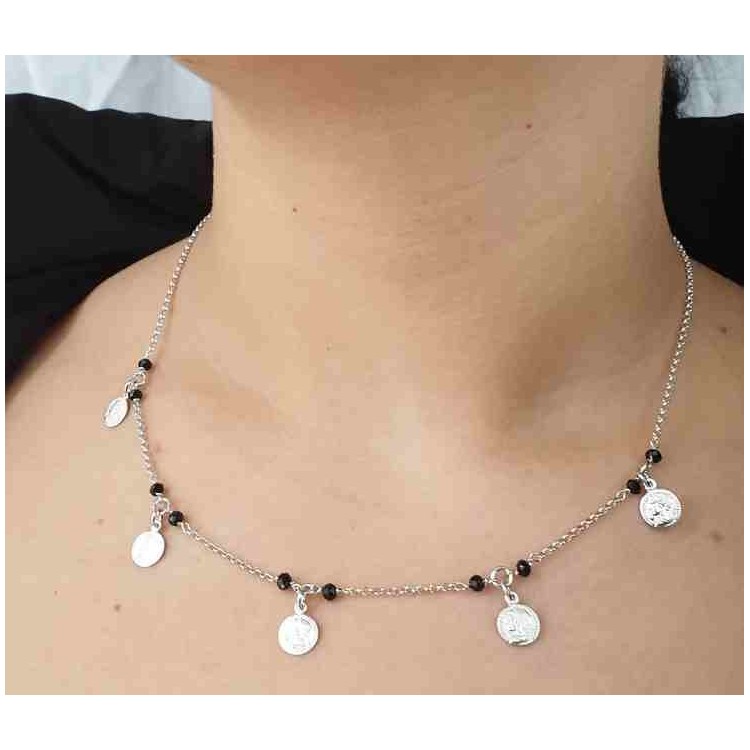 NSA|NALBORI Necklace Silver 925 black crystal Marseille coins