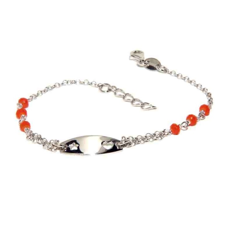 NSA|bracciale baby argento 925 targa cuore e stella cristallo rosso corallo