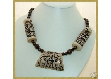 NSA|WOMEN'S ETHNIC NECKLACE WOOD pearls and CLEAR RESIN WITH ELEPHANT INLAY
