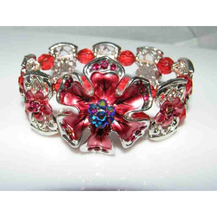 NSA|bracciale elastico donna perle di lucite strass e fiore smaltato