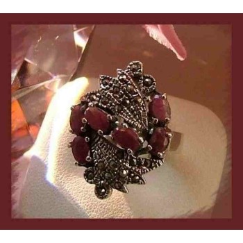 NSA|925 sterling silver ethnic ring antique marcasite ruby root size 15