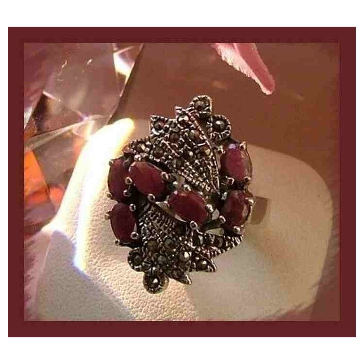 NSA|925 sterling silver ethnic ring antique marcasite ruby root size 15
