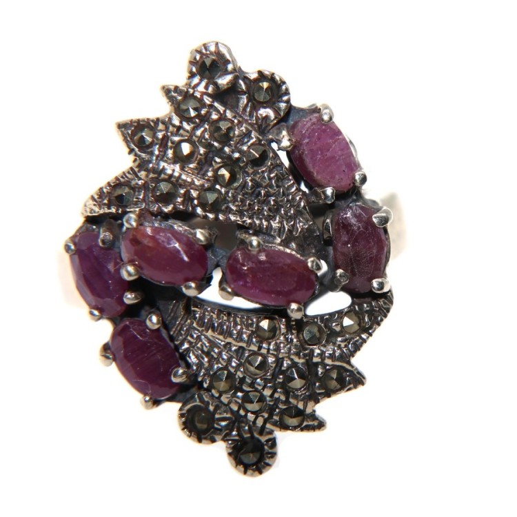 NSA|925 sterling silver ethnic ring antique marcasite ruby root size 15