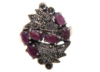 NSA|925 sterling silver ethnic ring antique marcasite ruby root size 15