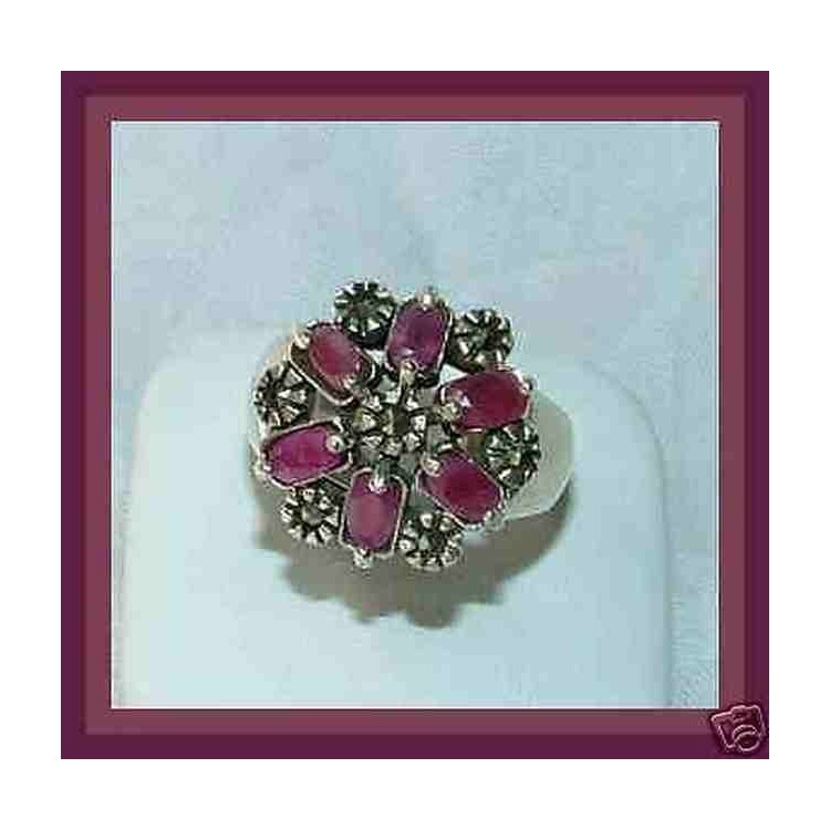 NSA|925 sterling silver ethnic ring FLOWER RUBY root MARCASITE size 14