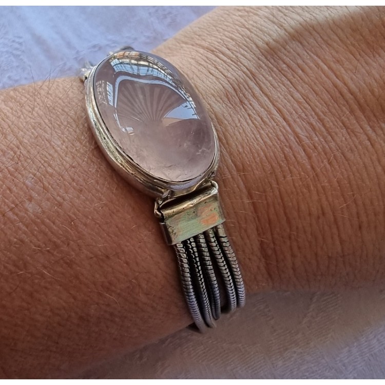 NSA|bracciale etnico argento 925 grande CARBOCHON di QUARZO ROSA